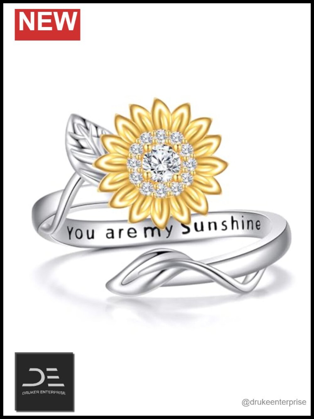 Sunflower Ring 925 Sterling Silver 0.1ct Moissanite Adjustable Open Band Gift